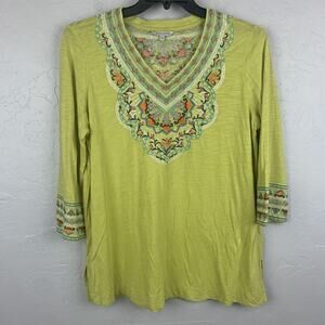 John Mark Shirt Womens Large Green Embroidered Boho Tunic 3/4 Sleeve Modal